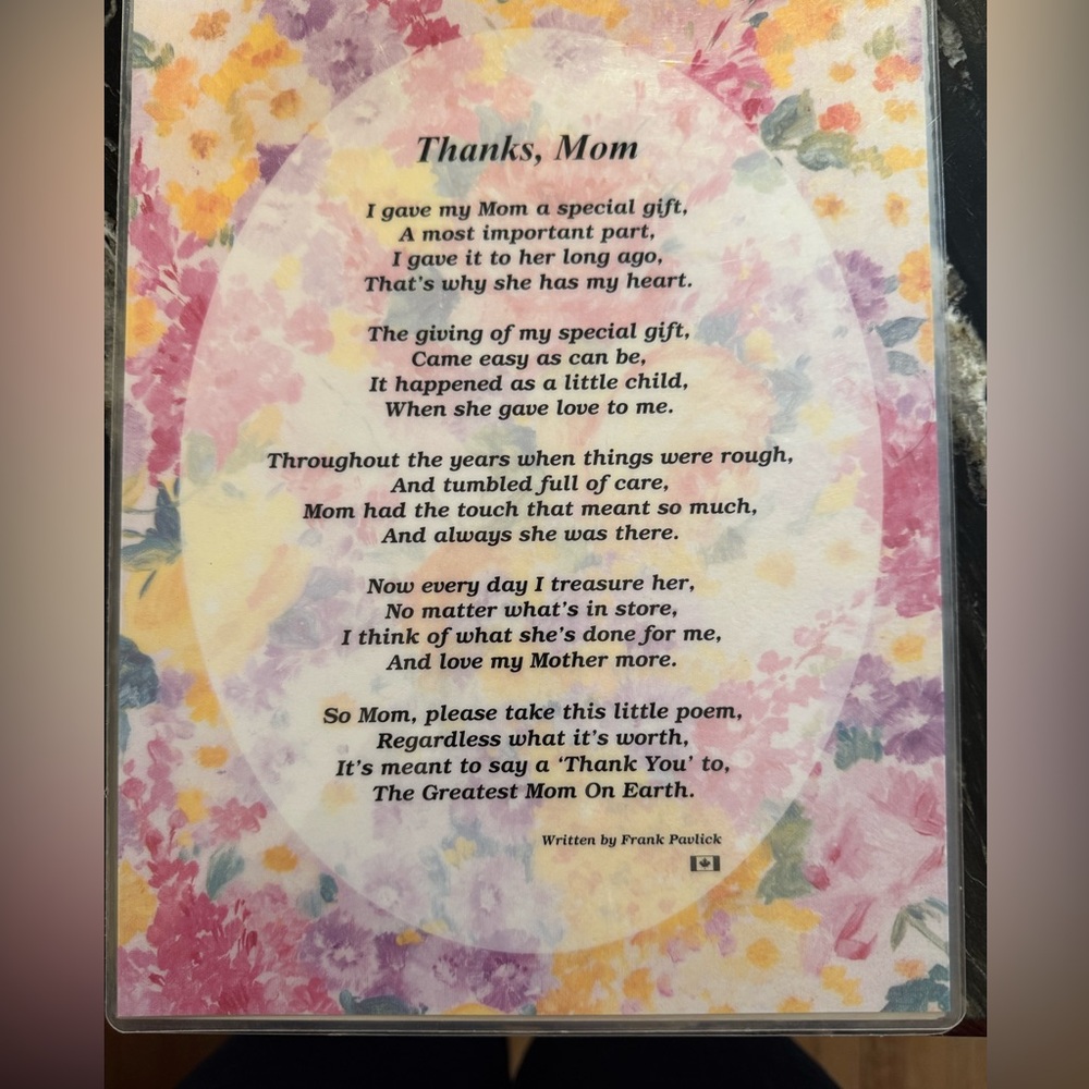 'Thanks, Mom' Poem. Laminated print. By Frank Pavlick